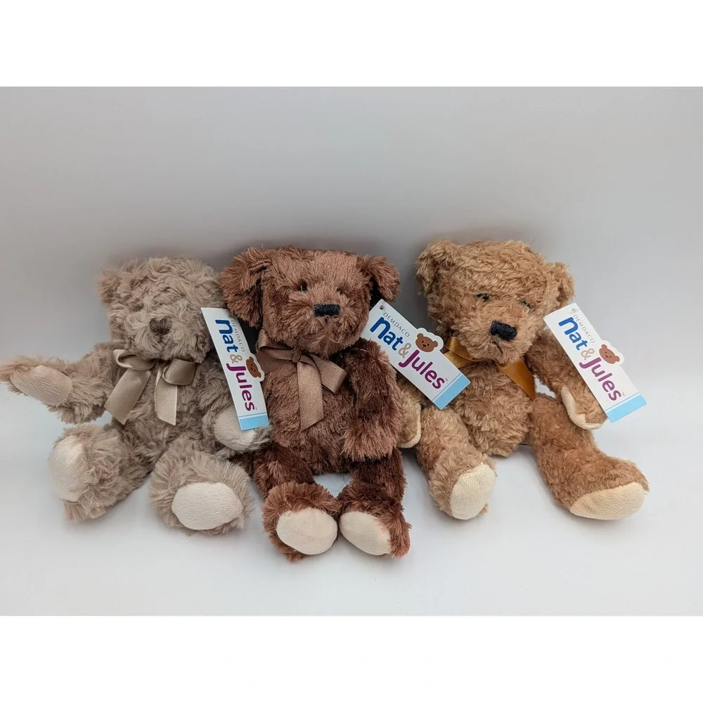 Demdaco Nat and Jules Mini Bears Brown Lot of 3 Plush 7 Inch Stuffed Animal Toy